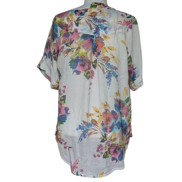Go Fish Colorful Floral Print Button Down Blouse Round Split Neck Women Size M - Picture 7 of 9